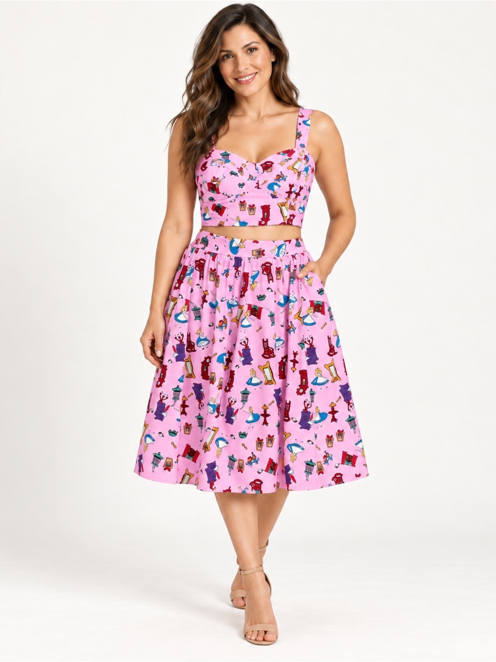 Disney Alice in Wonderland Pink Retro Skirt & Crop Top Set L NWT